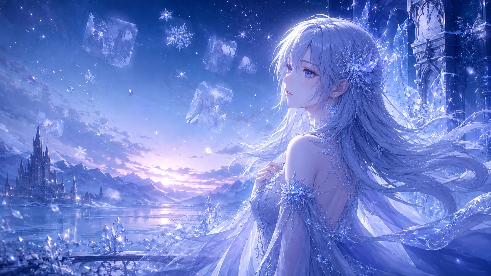 氷結した湖と氷の街を背に、雪と氷晶の舞う夜空の下で振り返る銀髪の少女