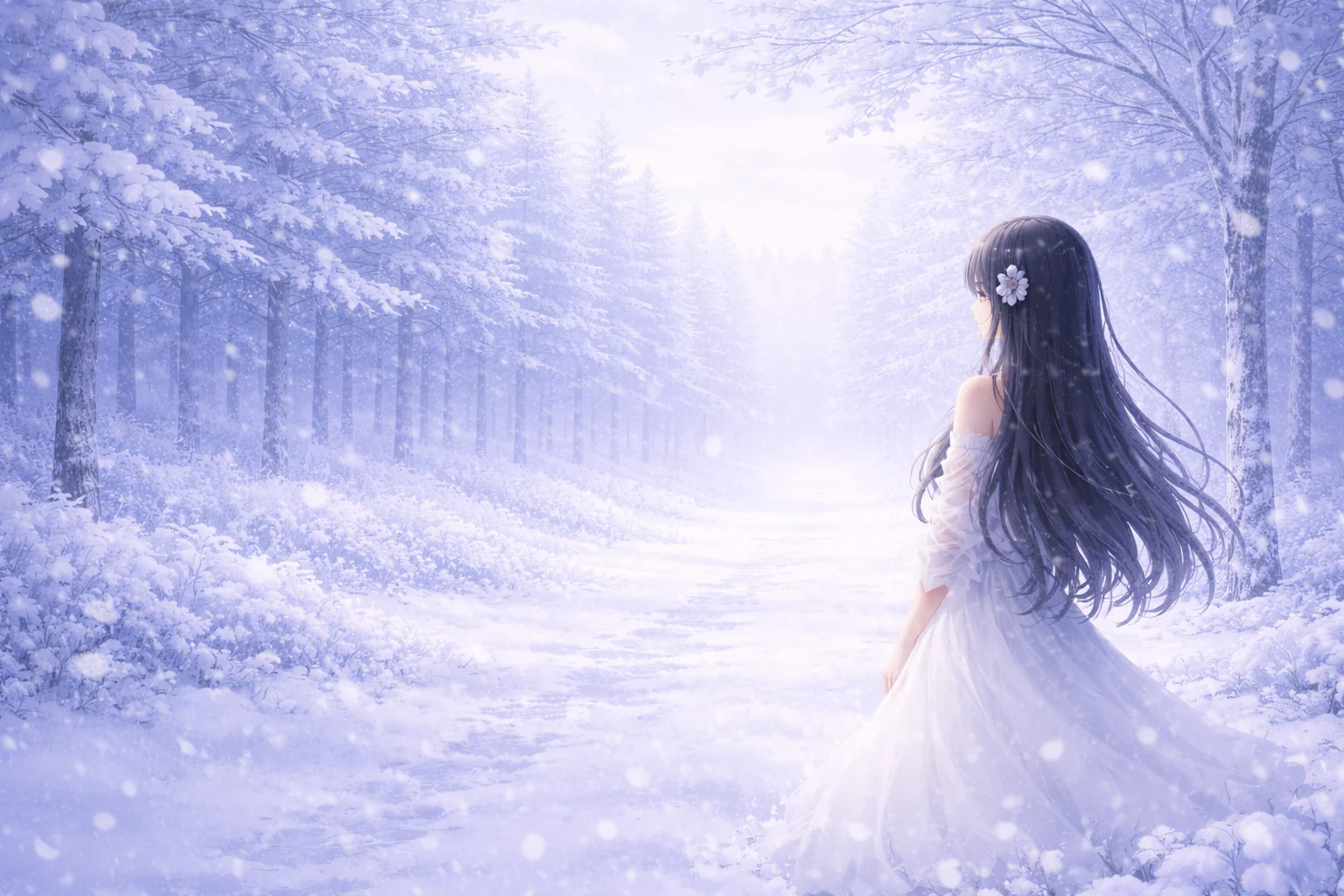 雪の降る森の中で、白いドレスの黒髪の少女が後ろ姿を見せて佇む