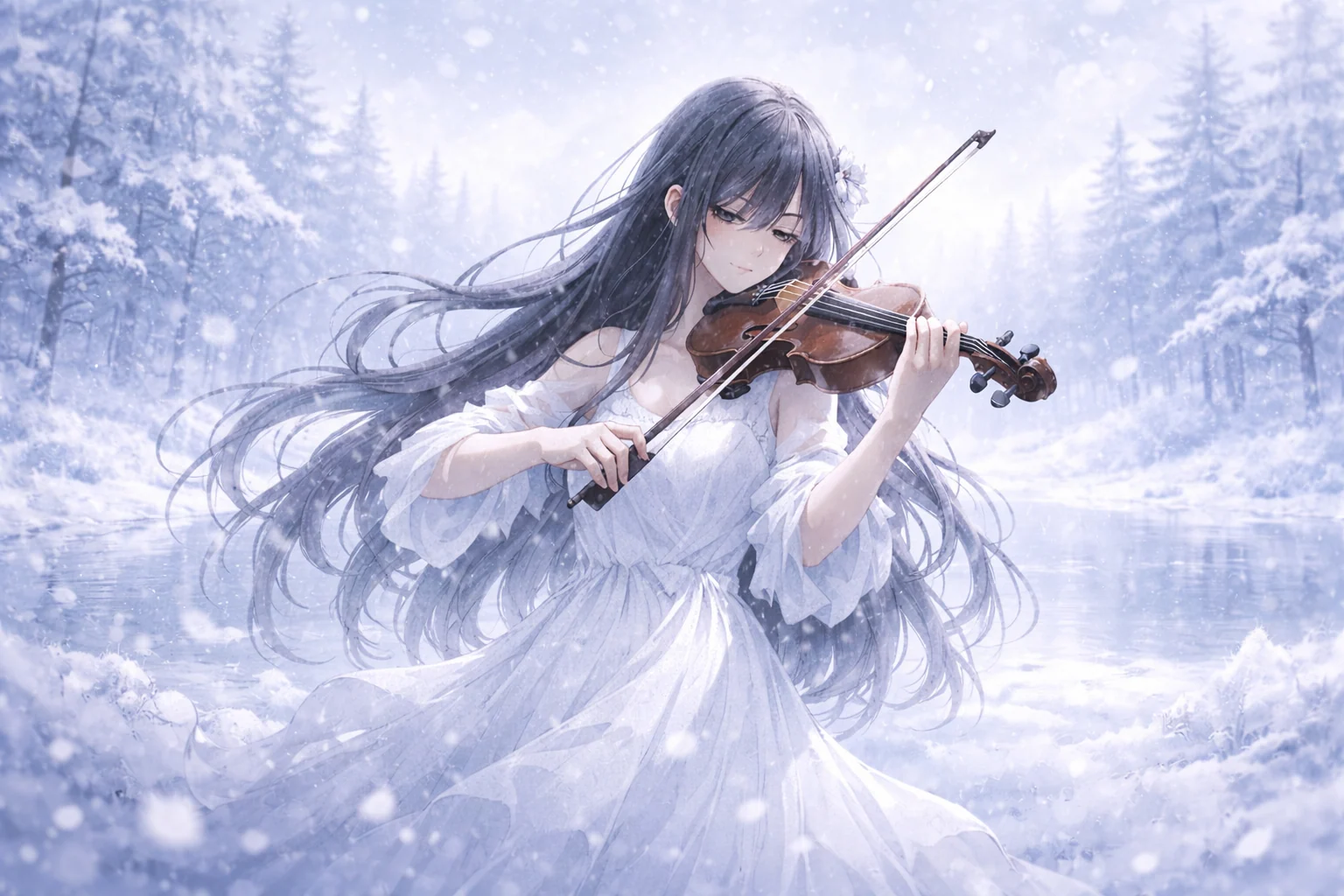 雪の森の湖畔で、白いドレスの黒髪の少女がヴァイオリンを弾く
