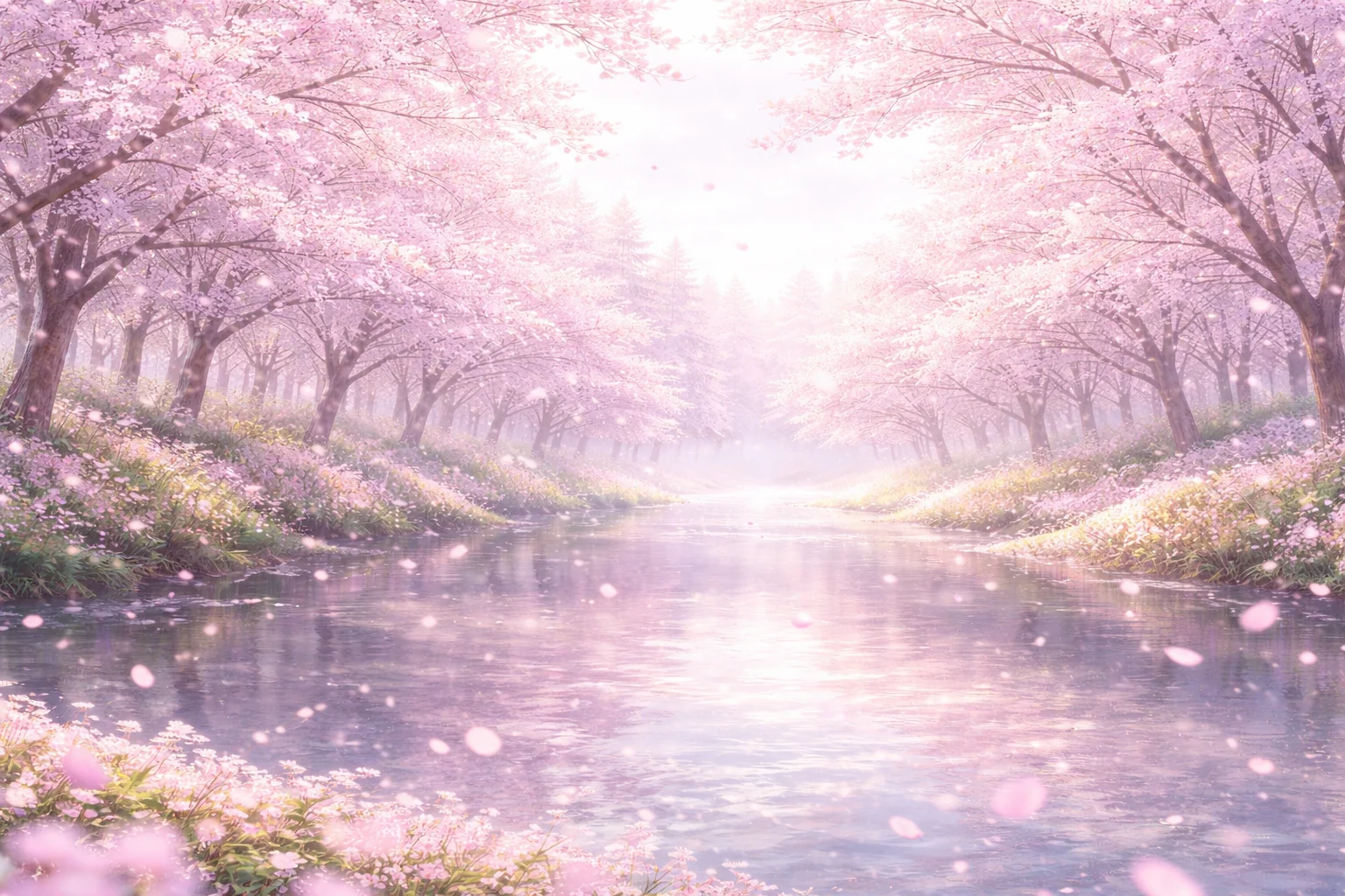 満開の桜並木に挟まれ、花びらが川面を流れていく春の小川
