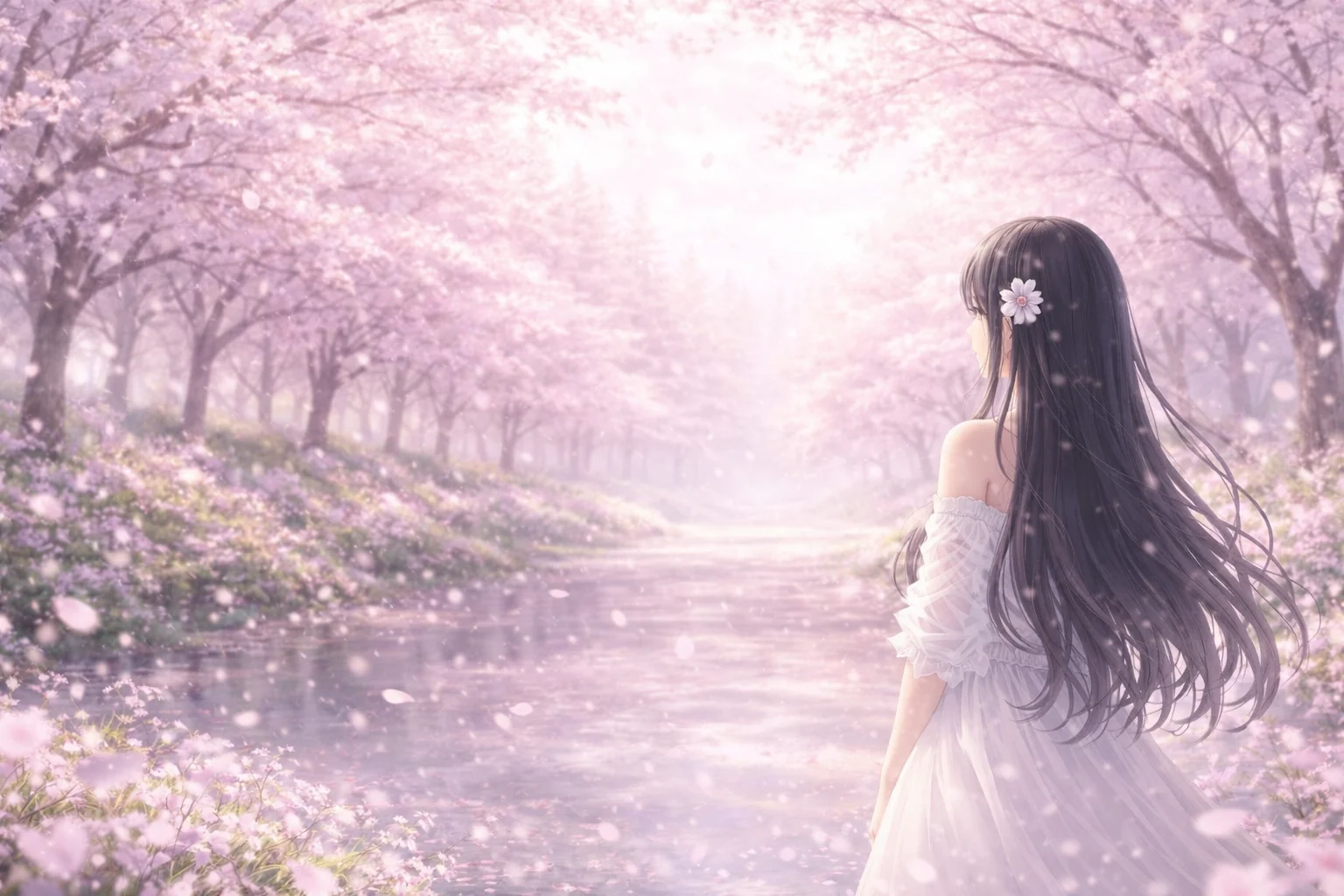 桜の舞う川辺で、白いドレスの黒髪の少女が後ろ姿を見せて佇む
