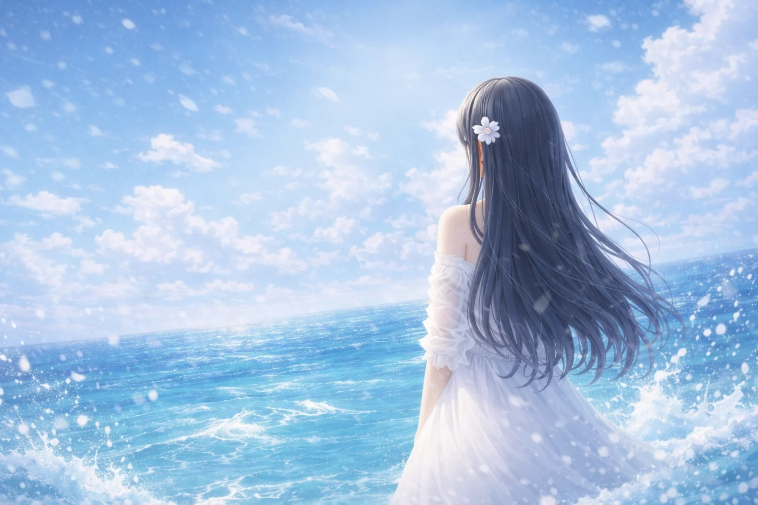 波しぶきの上がる夏の海辺で、白いドレスの黒髪の少女が後ろ姿で海を見つめる