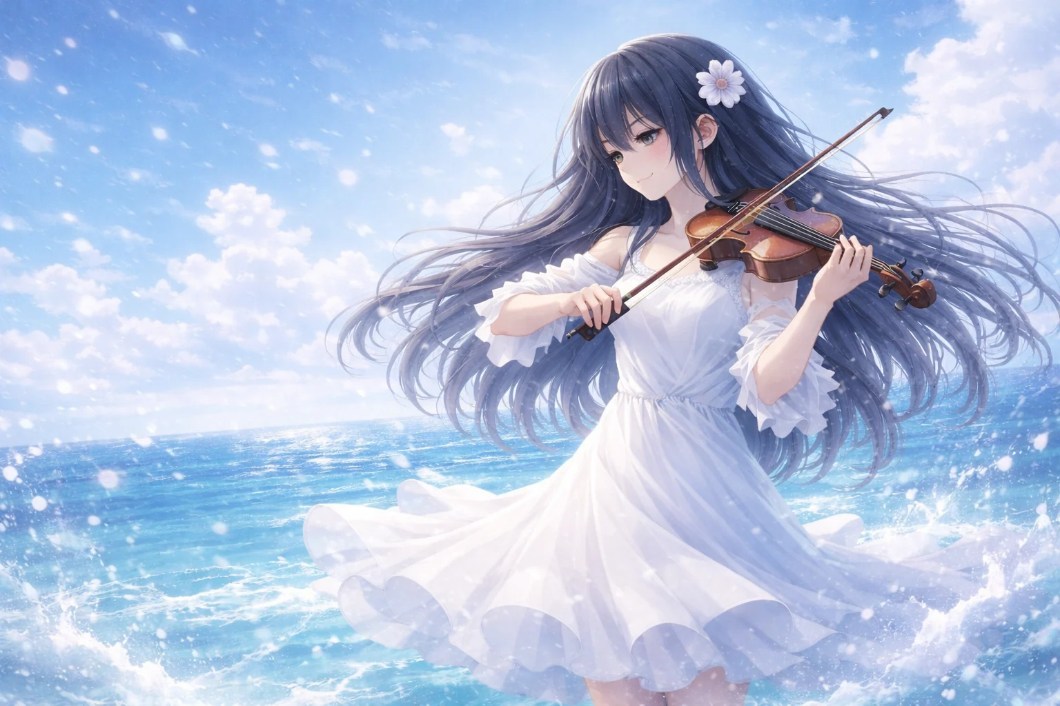 夏の青空と波しぶきを背に、白いドレスの黒髪の少女が微笑みながらヴァイオリンを弾く