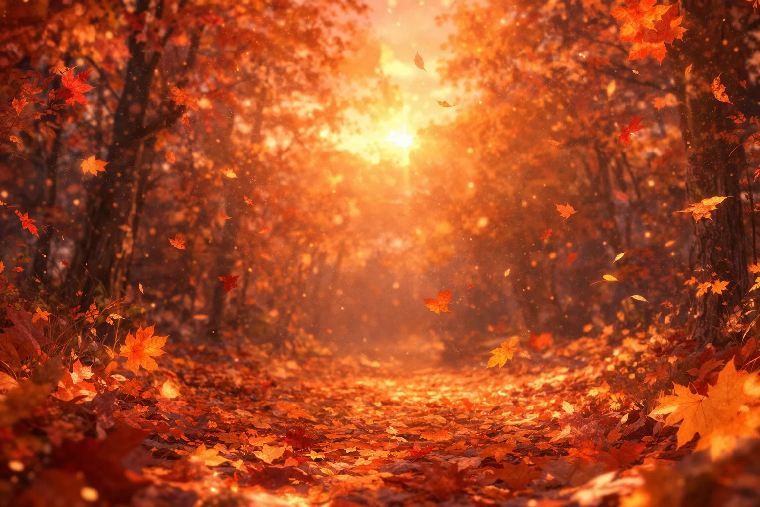夕陽の差し込む紅葉の森と、落ち葉に覆われた小径