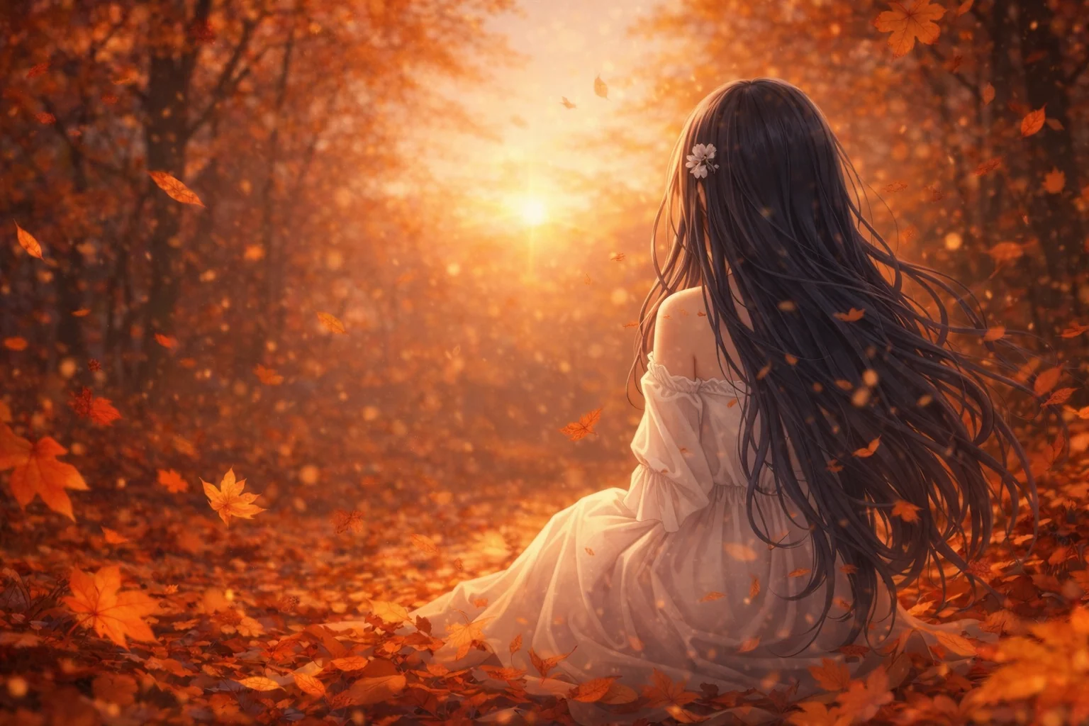 紅葉の舞う森で、落ち葉の上に座る黒髪の少女の後ろ姿