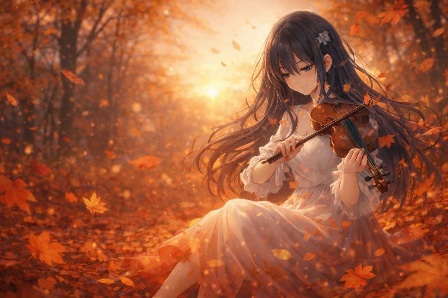 夕陽に染まる紅葉の森で、落ち葉の上に座った黒髪の少女がヴァイオリンを弾く